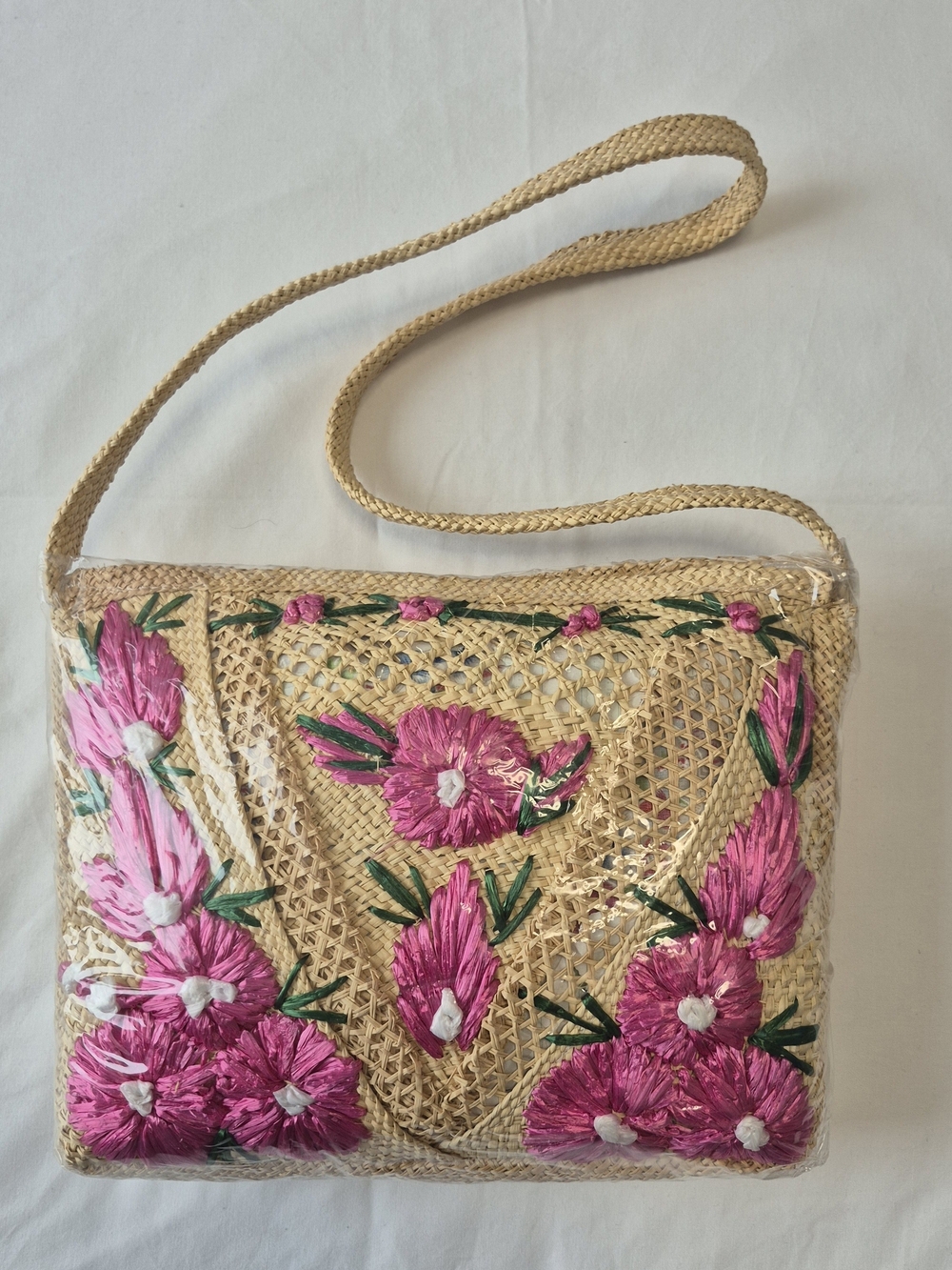 Jamaica Handmade Woven Straw Crossbody Bag Pink Floral Boho Beach - Picture 2 of 9